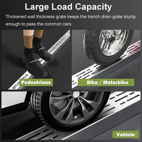 Image showing Slim Low Profile Trench Drainage Kit for Outdoor Pathways and Driveways Tough As Nails Heavy Duty 304 Stainless Channel Drain System supporting foot, bike, and vehicle traffic.