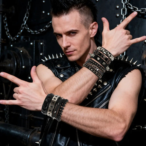 Man wearing Dope Eight Piece Punk Rock Studded Leather Bracelet Set With Adjustable Spiked Zinc Cuffs, showcasing 80s concert vibe.