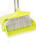 Kickass Heavy Duty Broom And Dustpan Combo Set With Long Commercial Handle For Lobby Kitchen Floor Sweep Up Solid Upright Grip Brush For Quick Interior Clean Up In Green, close-up of broom and dustpan.