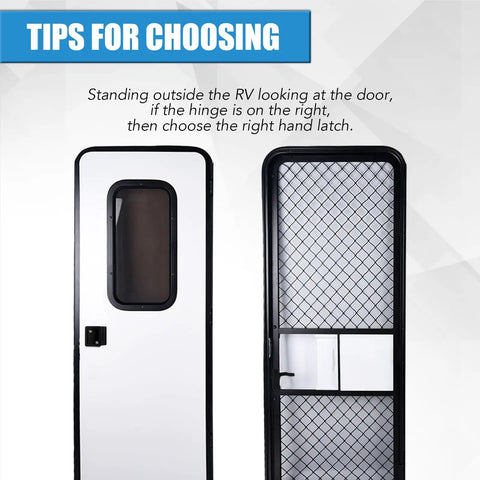 All Metal RV Screen Door Latch Right Hand Upgrade Kit shown on RV screen and solid door for choosing tips