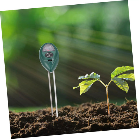 3-In-1 Soil Tester for Garden Lawn and Farm Dual Probe Moisture Meter PH Light Meter next to young plant in soil