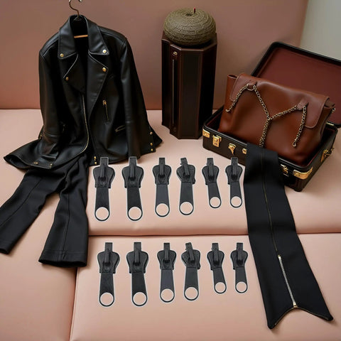 Six Piece Black Universal Zipper Repair Kit With Instant Fix Sliders Teeth And Replacement Zippers displayed with jacket and bag