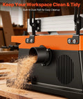 Heavy Duty Six Inch Spiral Benchtop Jointer Boasts A Beefy Two Horsepower Motor Churning At Twelve Thousand Rpm With Twelve Blade Spiral Cutterhead Delivering Flawless Surfaces Adjustable Fence And Solid Cast Aluminum Table Built Tough For Real Workers with visible dust port for easy cleanup.