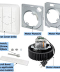 BKR60 Bath Fan Upgrade Kit With Replacement Motor And Grille For Series 696NR02, showing motor, grille, and tools for installation.