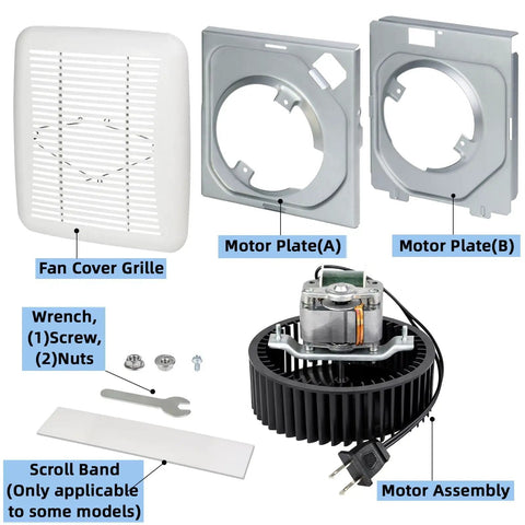 BKR60 Bath Fan Upgrade Kit With Replacement Motor And Grille For Series 696NR02, showing motor, grille, and tools for installation.