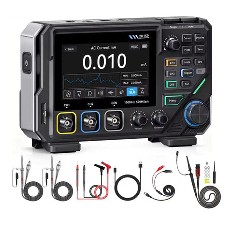 3 In 1 Digital Multimeter Oscilloscope And Signal Generator, 2 Channel, 100MHz, 20000 Counts Auto Range, Voltage And Current Testing, 2D15P With P4100 Accessory