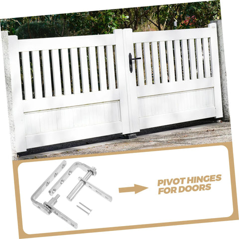 White gate with pivot hinges; close-up showcases Hidden Door Hinges With Automatic Rebound For Concealed Bookcase Doors Stainless Steel.