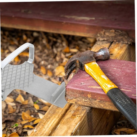 Professional Grade Heavy Duty Aluminum Alloy Furniture Lifter Tool Kit Featuring Anti Slip Leverage for drywall panel lifting beside a hammer.