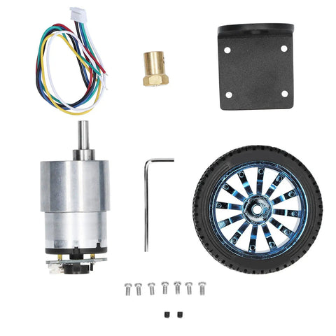 Heavy Duty DC 12V Encoder Gear Motor Set With Smooth As Butter Cw Ccw Shaft And Sturdy Mounting Bracket For Balance Robot Cars And Diy Smart Projects Featuring Rock Solid High Torque Output And No Sweat Operation, parts layout including motor, wheel, and bracket.