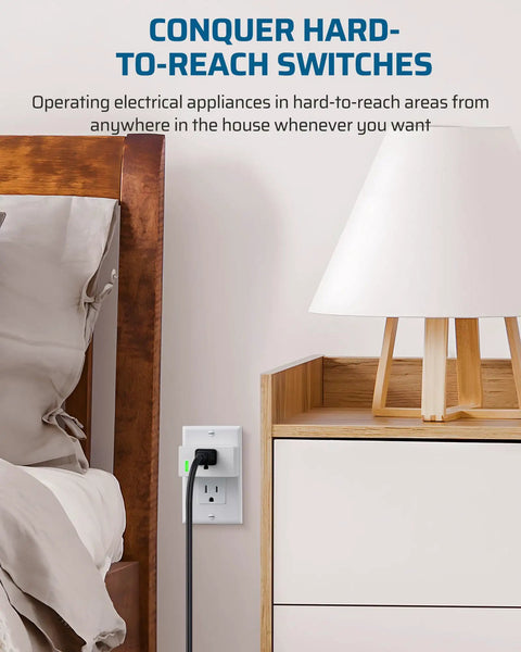 Long Range Remote Control Outlet Kit With 5 Outlets And 2 Remotes in bedroom setup next to bed and lamp