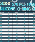 KEZE silicone O-ring kit, front view, 570 pcs, 18 sizes, size chart showing ID/OD/CS.