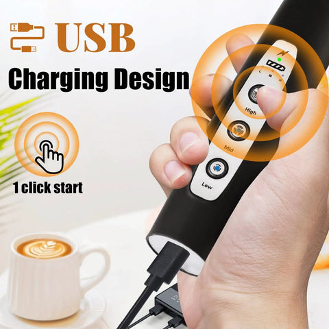 Close-up of Milk Frother Wand For Coffee, Totally Handheld Rechargeable Electric Whisk With Three Heads And Three Speeds in hand