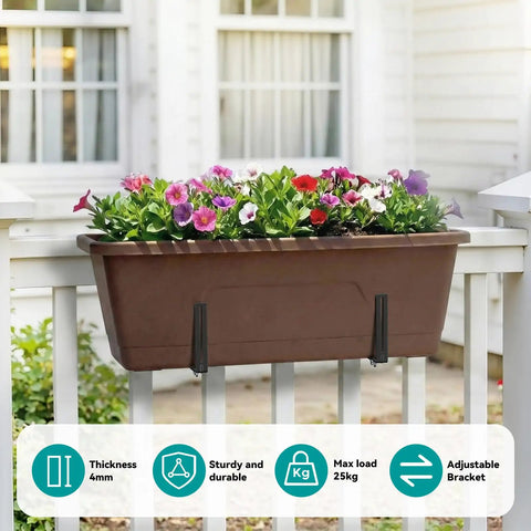 Adjustable Planter Box Brackets With Enhanced Bottom Support For Outdoor Hanging Gardens Universal Fit For Fence Rails Windowsills Patio Balcony Fits Planter Boxes From 2 To 7.8 Inches Wide Black, installed on rail with flower box