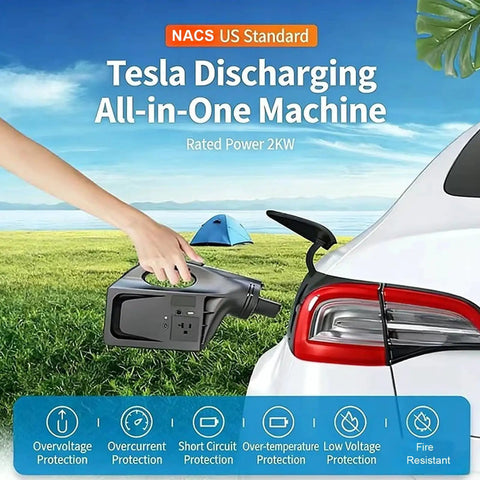 2KW NACS EV V2L Power Adapter Delivers Serious Campsite Juice To Your Cybertruck, plug setup for camping and outdoor use.