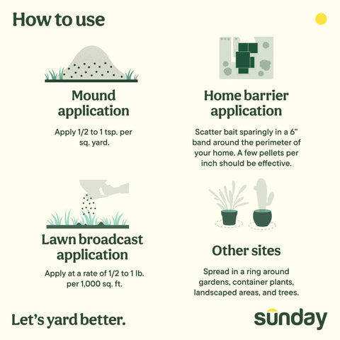 Instructions for applying Ant Adios Outdoor Bug And Ant Killer With Spinosad in various outdoor settings.