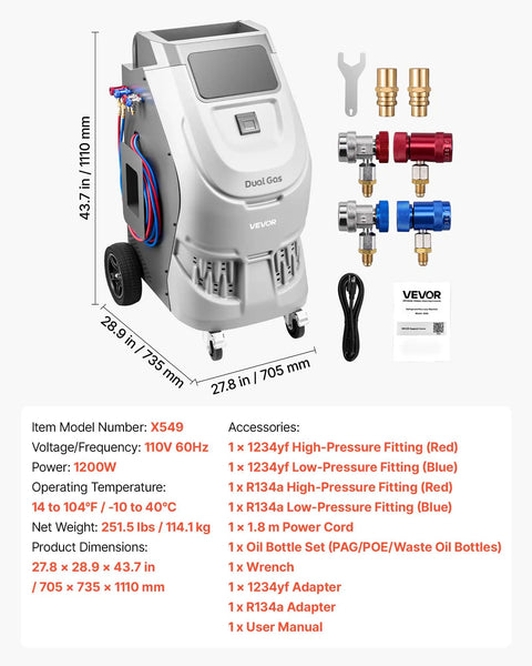 Shop Grade No Fuss Fully Automatic Refrigerant Recovery Machine For R134a And 1234yf Auto AC Service with accessories and dimensions.