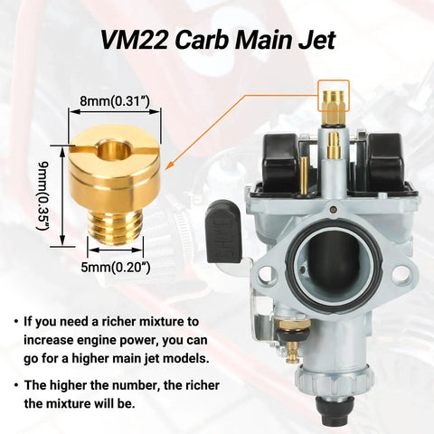 Performance VM22 26mm Carburetor with main jet and measurements for 212cc go-karts and mini bikes