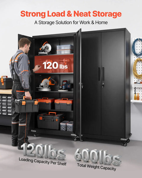 Open Beefy Rolling Metal Storage Cabinet With Five Adjustable Shelves Two Magnetic Doors And Two Keys Lockable Tool Organizer
