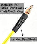 Installed 1/4 inch solid brass female quick plug on Heavy Duty 3/8 Inch By 100 Ft Hybrid Air Hose Delivering 300 Psi with kink resistance.