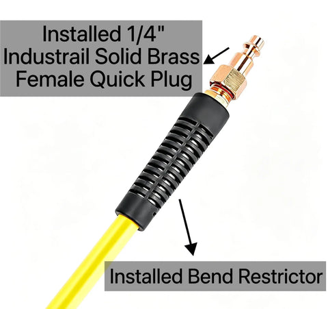 Installed 1/4 inch solid brass female quick plug on Heavy Duty 3/8 Inch By 100 Ft Hybrid Air Hose Delivering 300 Psi with kink resistance.
