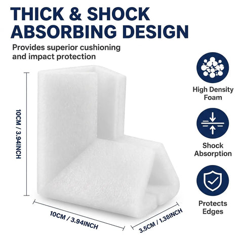 100 Pack Foam Corner Protectors For TV Frames, Photos, Mirrors And Picture Frames, thick EPE foam design with size dimensions.