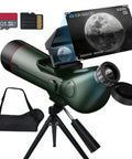 Portable Digital Refractor Telescope With Auto Focus And 4K Astrophotography Camera displaying moon on dual screens.