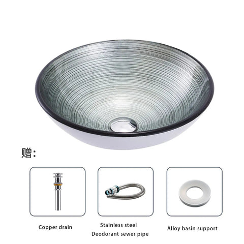 Tempered Glass Bathroom Vessel Sink, Round Shape Spiral Pattern Spiral Artistic Vessel Bowl Sink with smooth interior detail.