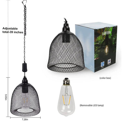 Battery Powered Hanging Light With Retro Black Metal Mesh Shade Edison Bulb, Six Hour Timer, Outdoor Pendant Lantern