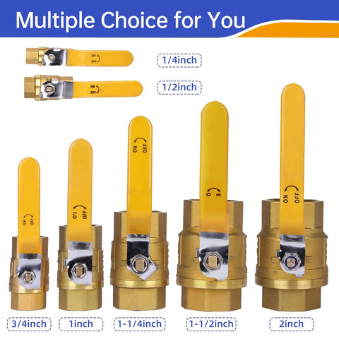 Five brass ball valves with yellow handles in sizes 3/4 to 2 inches displayed against a blue-and-orange background.