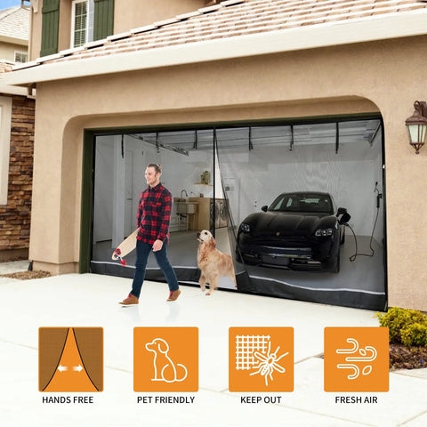 16 By 7 Foot Garage Door Screen For Two Car Garage Super Easy Install With Strong Magnetic Closure showing car and dog inside