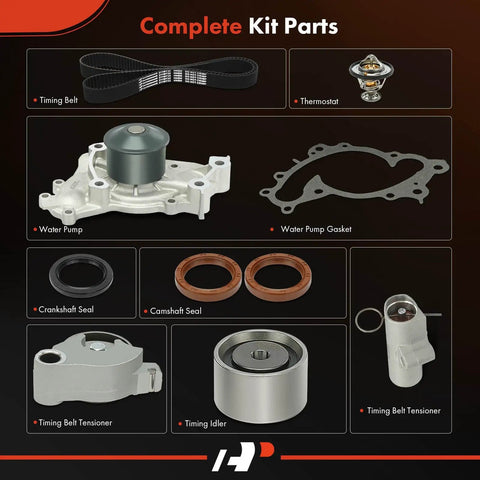 All In One Timing Belt Kit With Water Pump And Thermostat Tensioner For Toyota Camry Highlander Sienna Solara And Lexus RX330 ES300 ES330 V6 3.0L 3.3L DOHC Ready To Roll components including timing belt, thermostat, water pump, seals, tensioner, and gasket