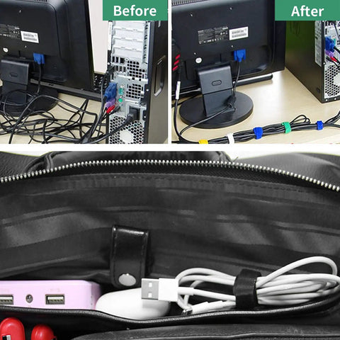 Before and after organized cables with 60 Pack Reusable Cable Ties Set With 8 Inch 20 Pieces 6 Inch 20 Pieces And 4 Inch 20 Pieces Dope Cord Straps