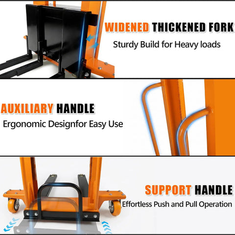 Close-up of Heavy Duty Electric Pallet Stacker With 1500 Lbs Load Capacity And 65 Inch Lift Height showing widened fork, auxiliary and support handles.