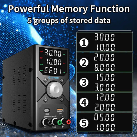 High-Precision 0-30V 0-10A DC Bench Power Supply With Switching Regulation USB-C Quick Charge SPS-3010X display
