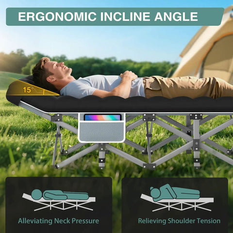Man lying on Heavy Duty Portable Camping Cot With Mattress For Adults Foldable Padded Sleeping Cot outdoors, showing ergonomic design