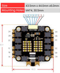 60A 4in1 ESC for FPV Drones with 2S-6S LiPo, Lightweight 13.8g, showing dimensions 43.5x44.0x6.0mm with mounting holes M4*4