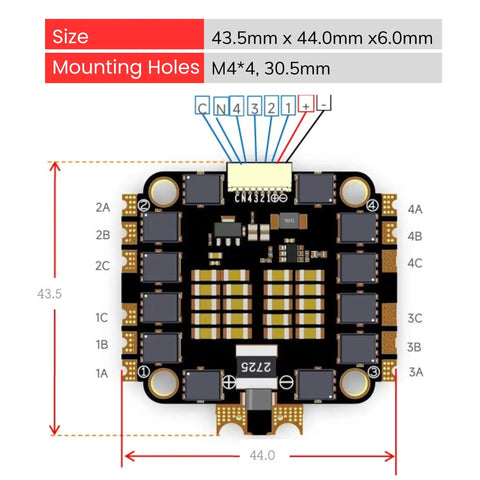 60A 4in1 ESC for FPV Drones with 2S-6S LiPo, Lightweight 13.8g, showing dimensions 43.5x44.0x6.0mm with mounting holes M4*4