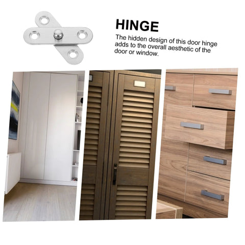 Secret Door Hinges 360 Degree Rotatable Hidden Hinges for cabinets in stainless steel, shown installed on wooden cabinets