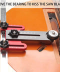 Featherboard for table saws and jigs with narrow rip guide anti kickback bearing reversible for left or right use close-up on saw
