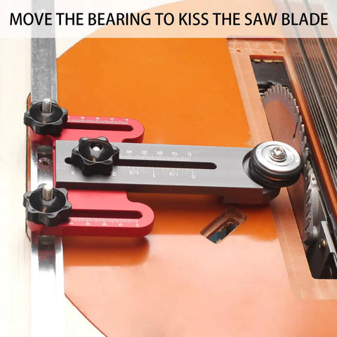 Featherboard for table saws and jigs with narrow rip guide anti kickback bearing reversible for left or right use close-up on saw