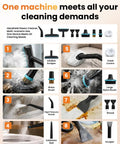 Powerful Handheld Steam Cleaner 2500W High Temp Wipes Away Grease And Grime Fast With 12 Accessories showing various attachments for multi-scenario use.