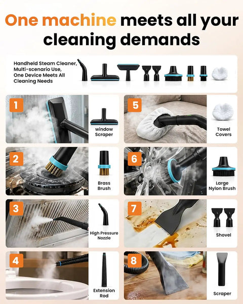 Powerful Handheld Steam Cleaner 2500W High Temp Wipes Away Grease And Grime Fast With 12 Accessories showing various attachments for multi-scenario use.