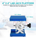 Blue aluminum lab jack platform with scissor lift, 4x4 in top, 145 mm height