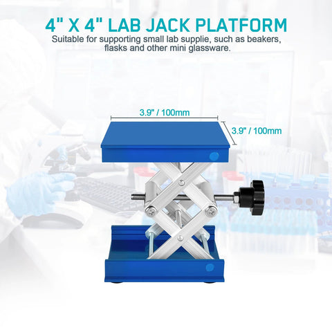 Blue aluminum lab jack platform with scissor lift, 4x4 in top, 145 mm height