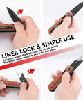 WORKPRO 2-in-1 folding knife with wood handle, black blade, belt clip, liner lock, includes 10 SK5 blades