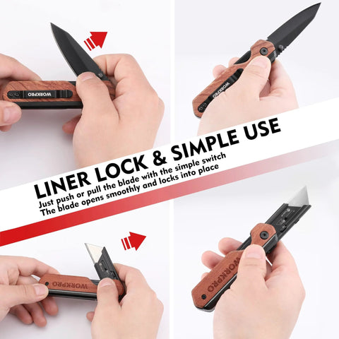 WORKPRO 2-in-1 folding knife with wood handle, black blade, belt clip, liner lock, includes 10 SK5 blades