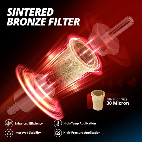 Sintered bronze filter component of 3/8 Inch Billet Inline Fuel Filter, 30 Micron Aluminum Black, Compact 2.07 Inch Housing