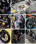 Blue Titanium M5 And M6 Flat Head Hex Socket Cap Screws, installed on various bikes and motorcycle components