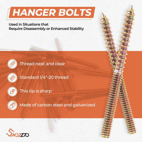 Close-up of 16 Pack One Quarter By Two Inch Hanger Bolts With Driver Bit Heavy Duty Threaded Fastener Kit, galvanized steel, detailed threads.