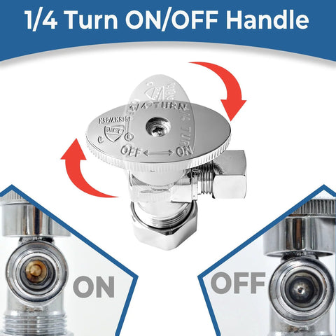 Front view of chrome TTFLEX angle stop valve; 1/2in nominal compression inlet x 3/8in compression outlet, quarter-turn.